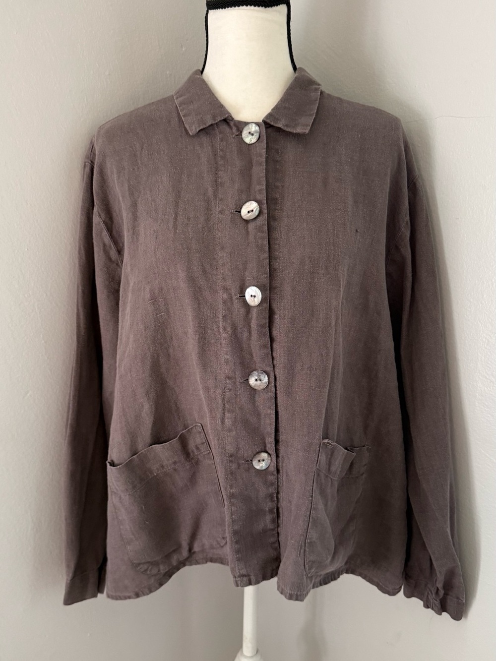 FLAX Taupe Linen Lagenlook Shacket Mother-of-Pearl Buttons Large